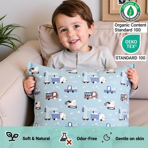 ZPECC Toddler Pillow with Pillowcase - 13x18 Organic Cotton Hypoallergenic Kids Pillow, Baby Essentials for Travel Crib Daycare Stroller (Intended for Age 2 and up) Truck