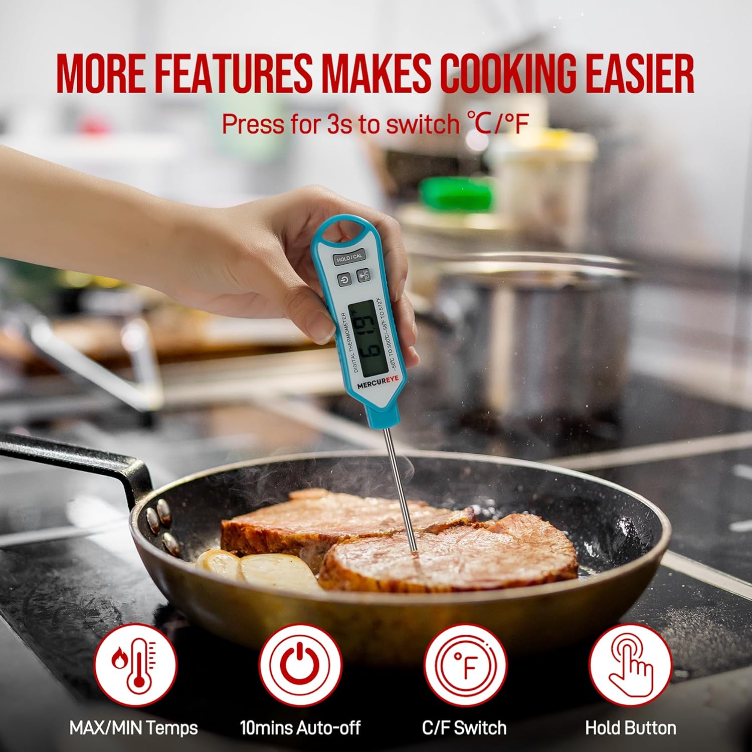 Meat Thermometer Digital - Instant Read Waterproof Kitchen Thermometer with Nonslip Grip | Perfect for Cooking, Candy, and Grilling