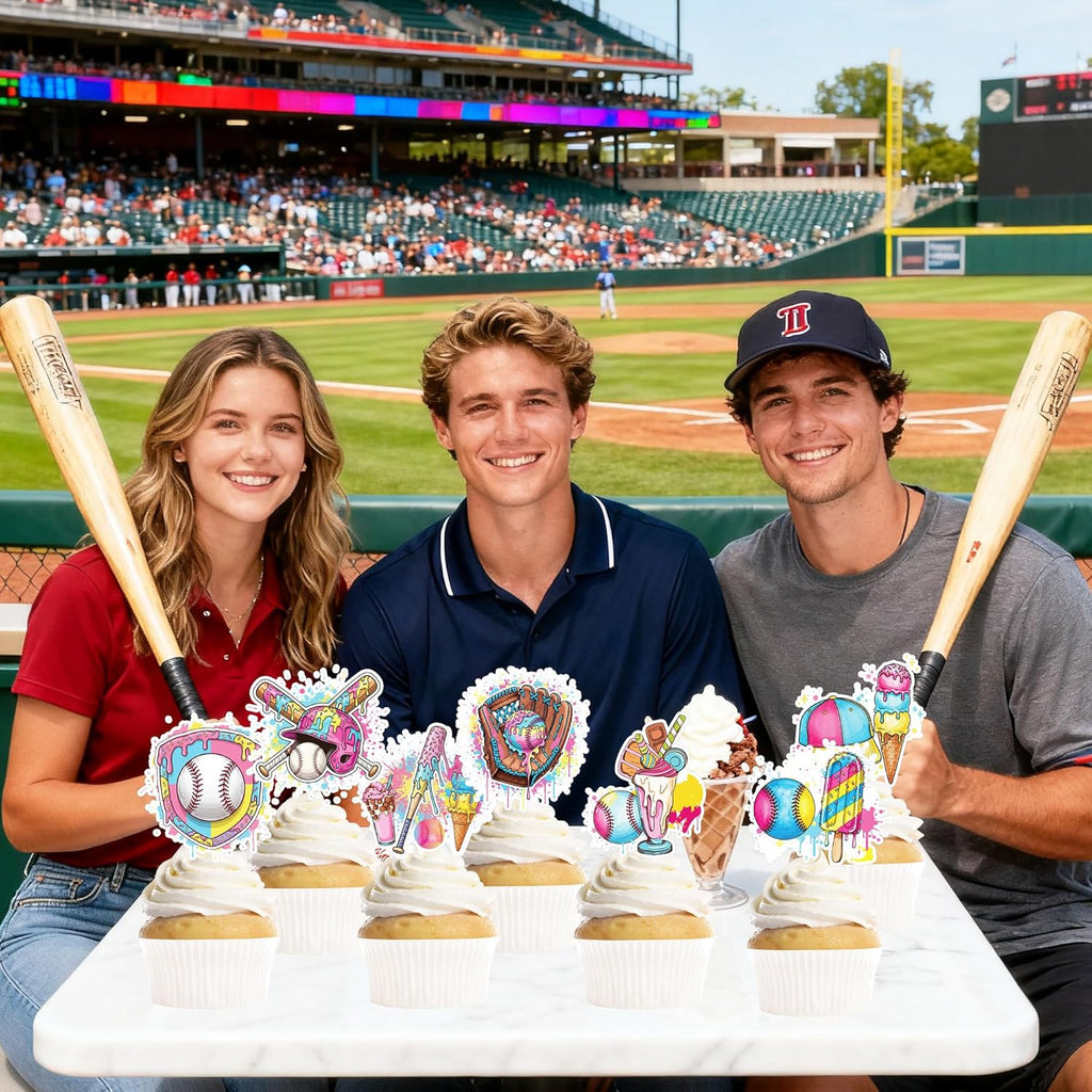 Regine Switzerland Ice Cream Drip Baseball Party Decorations - 36 Pcs Cupcake Toppers for Kids' Birthdays