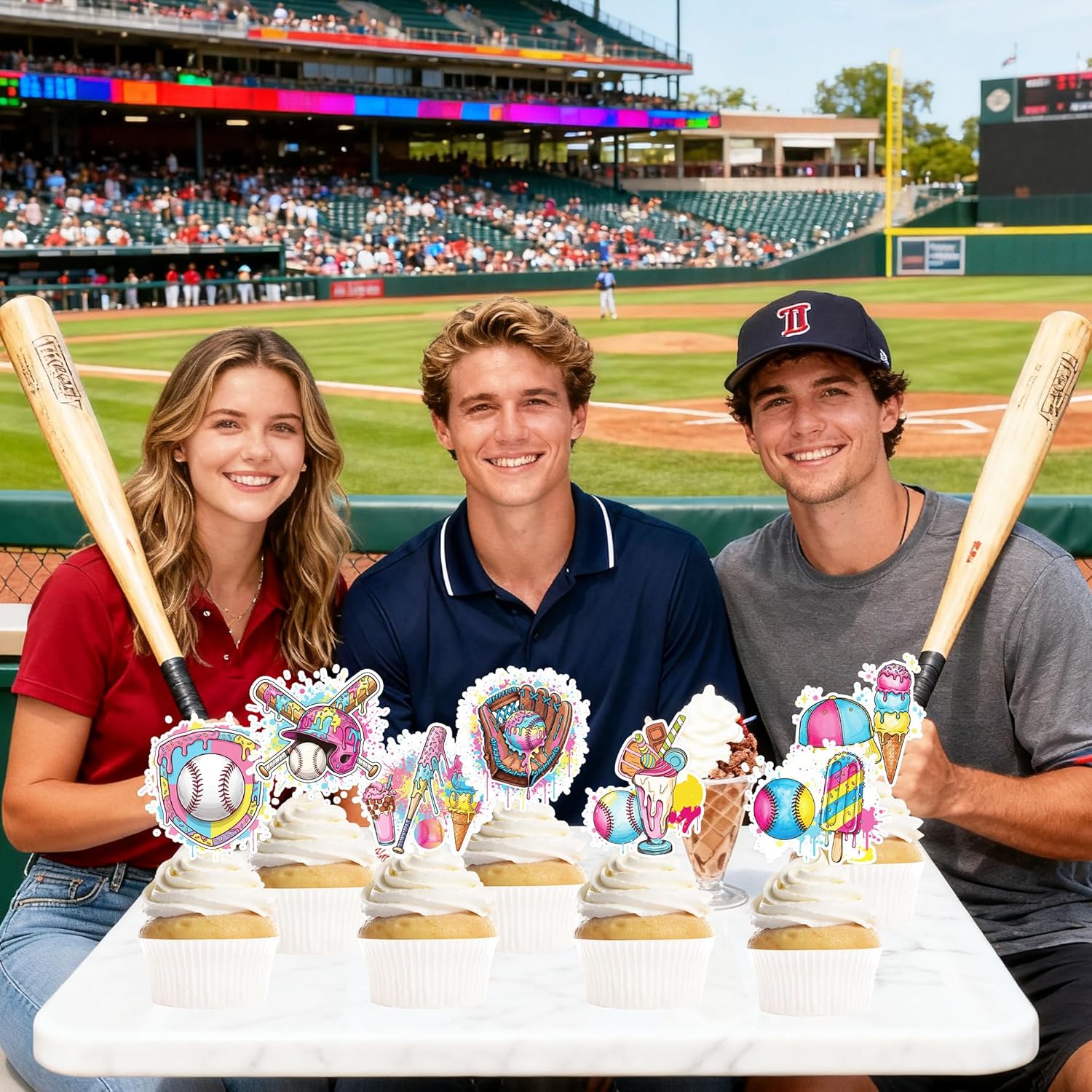 Regine Switzerland Ice Cream Drip Baseball Party Decorations - 36 Pcs Cupcake Toppers for Kids' Birthdays