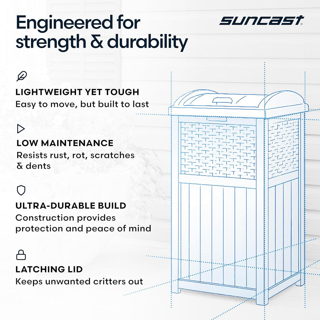 Suncast 33 Gallon Wicker-Style Trash Can - Secure Latching Lid & Weather-Resistant Design | Cyberspace Grey