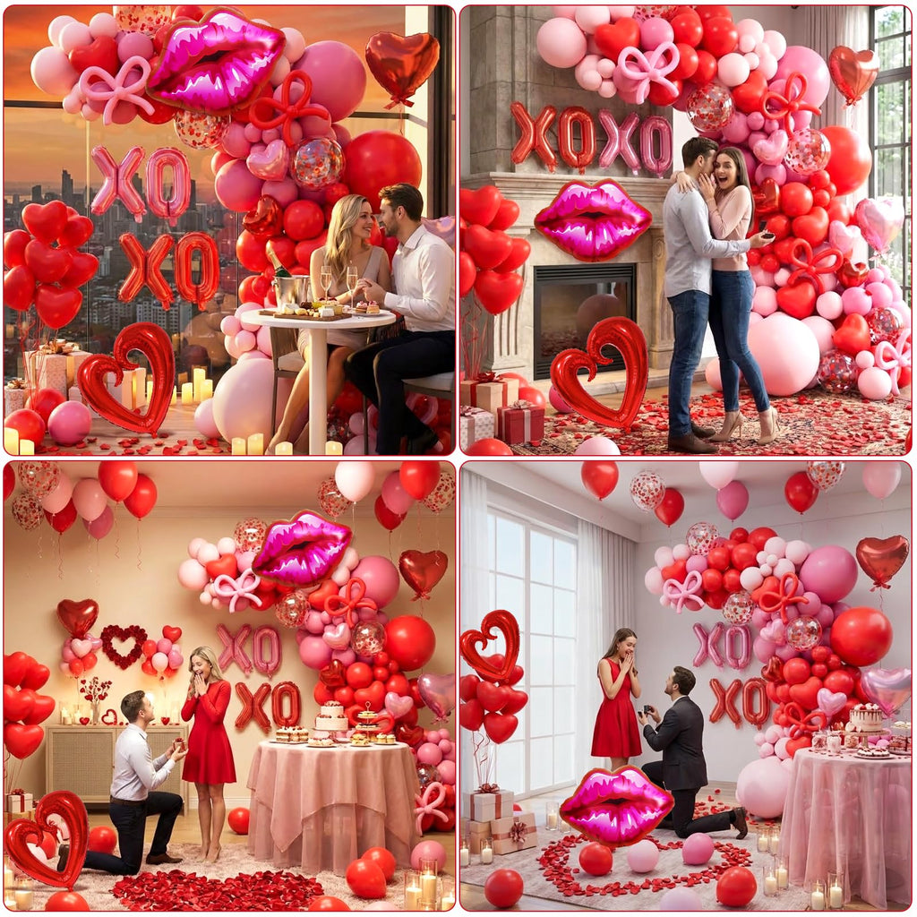 Pink and Red Balloon Garland Arch Kit, Coquette Birthday Decorations with 570pcs Red Pink Heart Confetti Balloons, Heart Lip XOXO Star Foil Balloons, Rose Petals for Wedding Romantic Decorations
