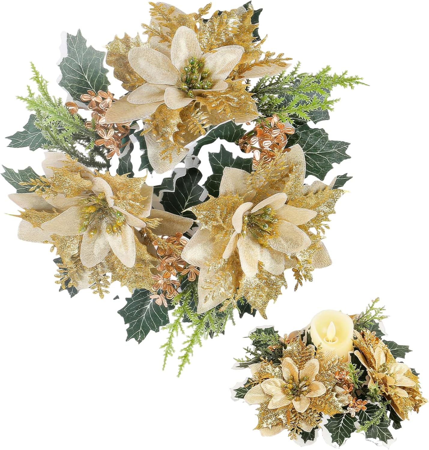 Regine Switzerland Christmas Candle Rings - Artificial Gold Floral Wreath with Holly Leaves | Holiday Table Decor