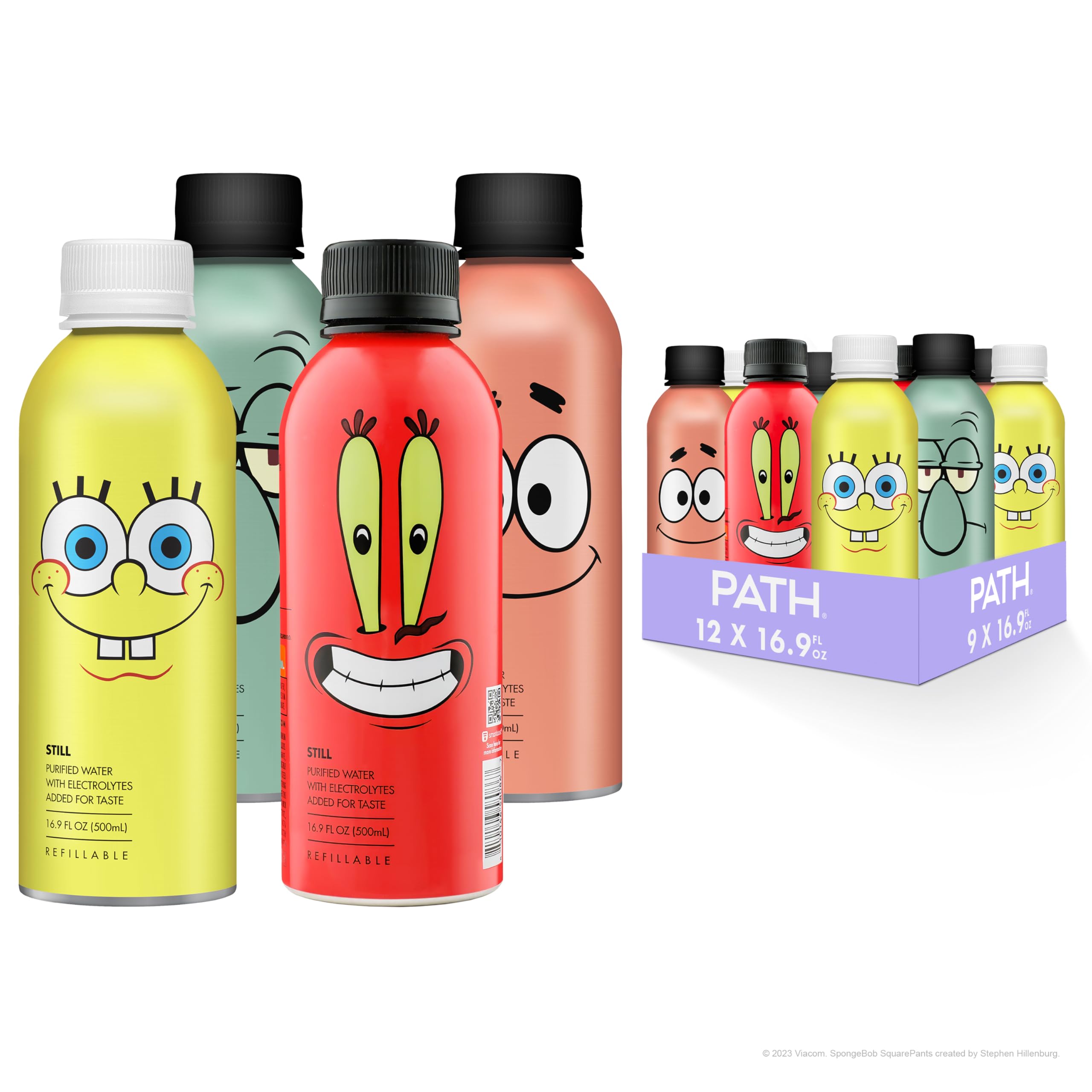 PATHWATER Still Water Ultra-Purified, pH-Balanced, Locally Sourced SpongeBob All-Stars Variety Pack Aluminum Bottle BPA Free, Reusable, Infinitely Recyclable Bottled Water 16.9oz (Pack of 12)