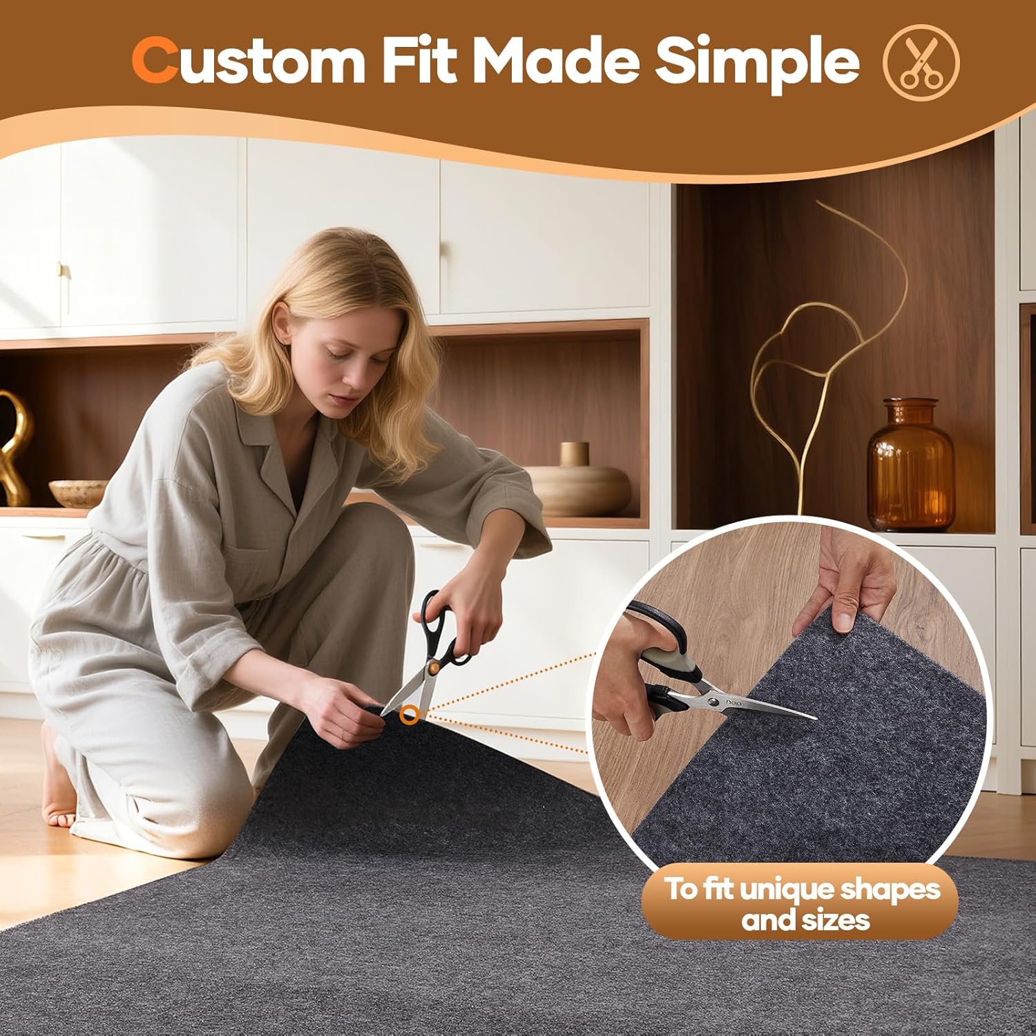 Veken Non-Slip Rug Pad - Cushioned Gripper for Hardwood Floors | 9 x 12 Ft, 1/4 Inch Thick