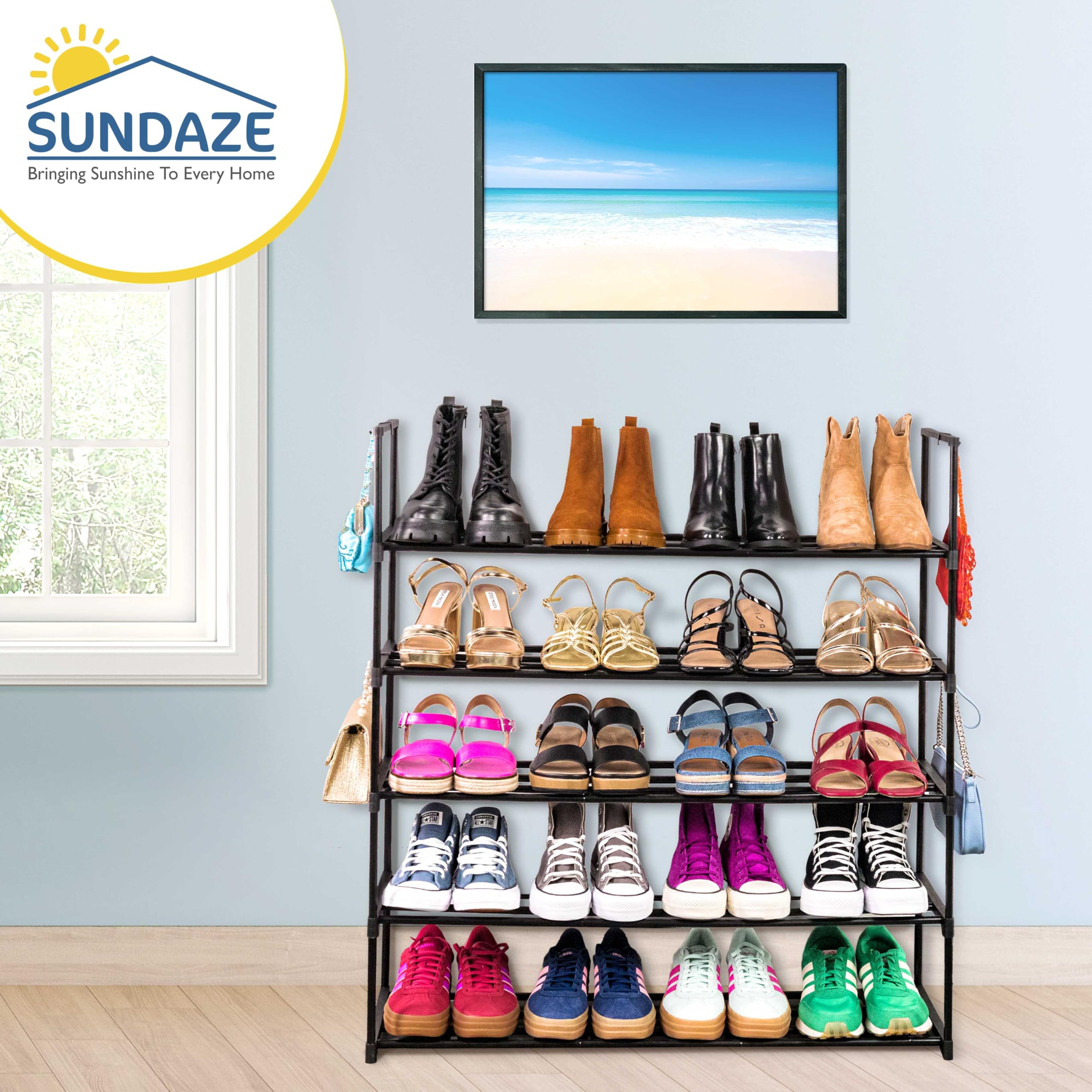 Sundaze Shoe Rack - 5 Tier Metal Shoe Rack for Front Door Entrance, Sturdy Long Shoe Organizer for Closet, Bedroom, Entryway, Garage, Black Metal Shoe Shelf, Holds Up to 25 Pairs