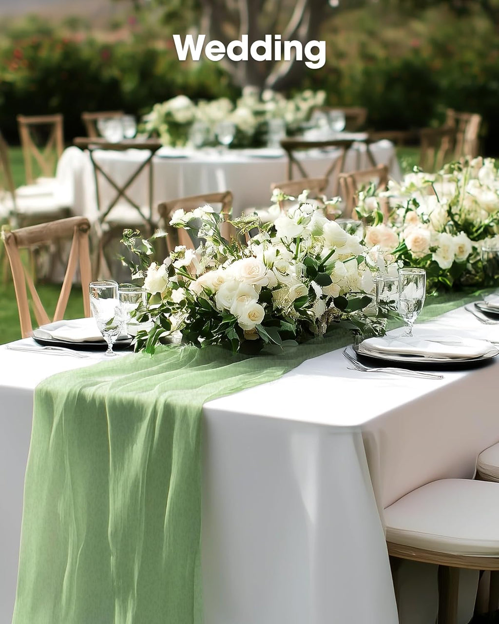 Pureegg Disposable Table Cloth Set - 10 Waterproof Tablecloths (54"x108") & 2 Cheesecloth Runners (35"x120") | Elegant White & Sage for Parties, Picnics, Weddings