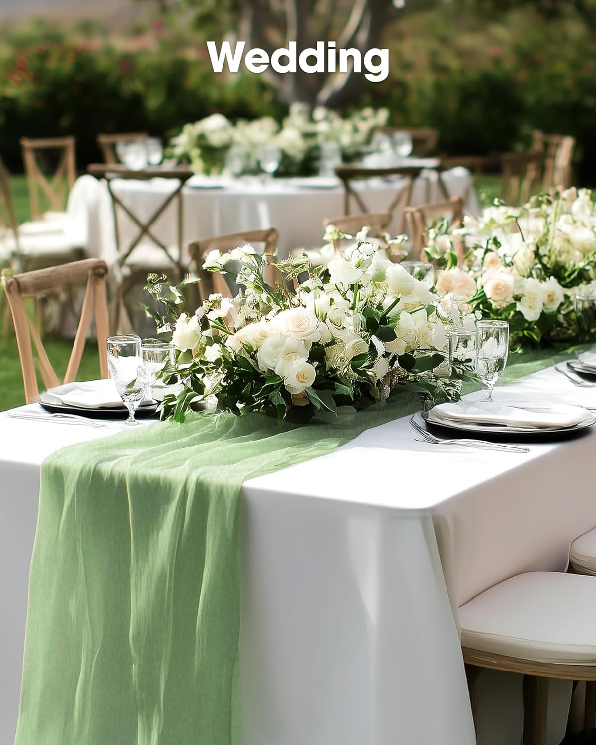 Pureegg Disposable Table Cloth Set - 10 Waterproof Tablecloths (54"x108") & 2 Cheesecloth Runners (35"x120") | Elegant White & Sage for Parties, Picnics, Weddings