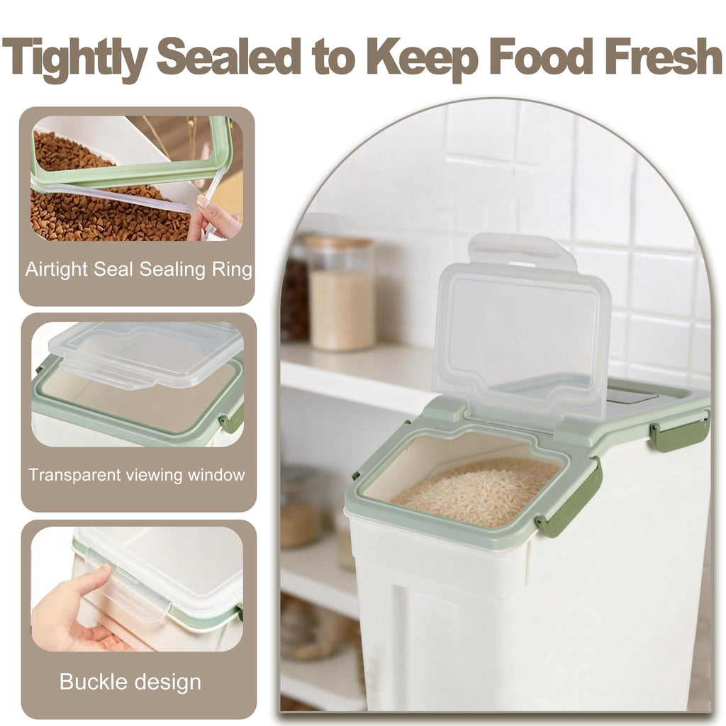 RUIAN Large Airtight Storage Container, 25lb Flour Rice Storage Containers Bin with Wheels Seal Locking Lid, with Measuring Cup&Scoop for Flour, Rice, Grain (Green, 2PCS)