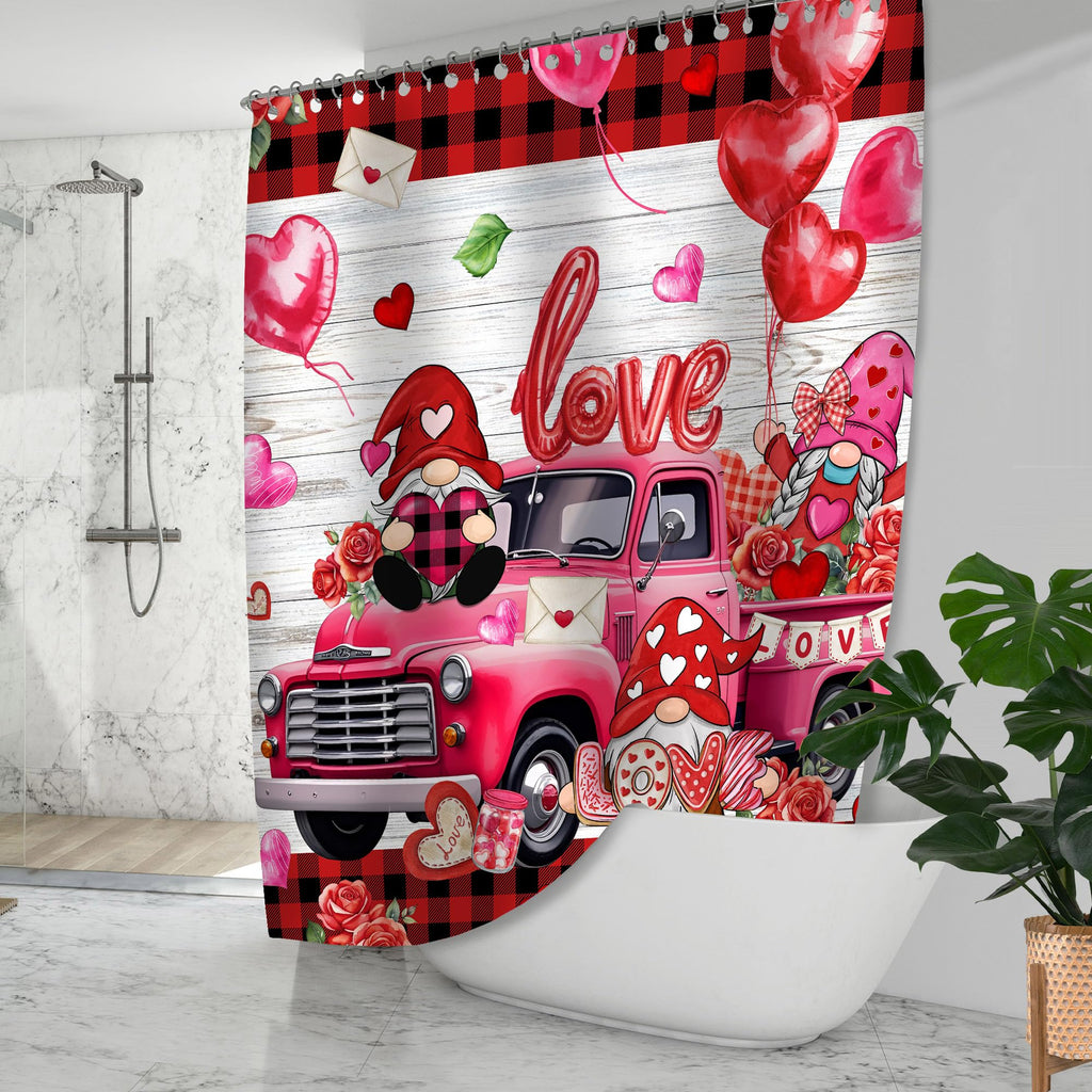 Unibyby Valentines Day Shower Curtain, Valentine Curtain for Bathroom, Red Valentine's Truck and Gnomes with Buffalo Plaid Waterproof Bath Curtains with Hooks for Decorations Gifts, 71x71 Inches