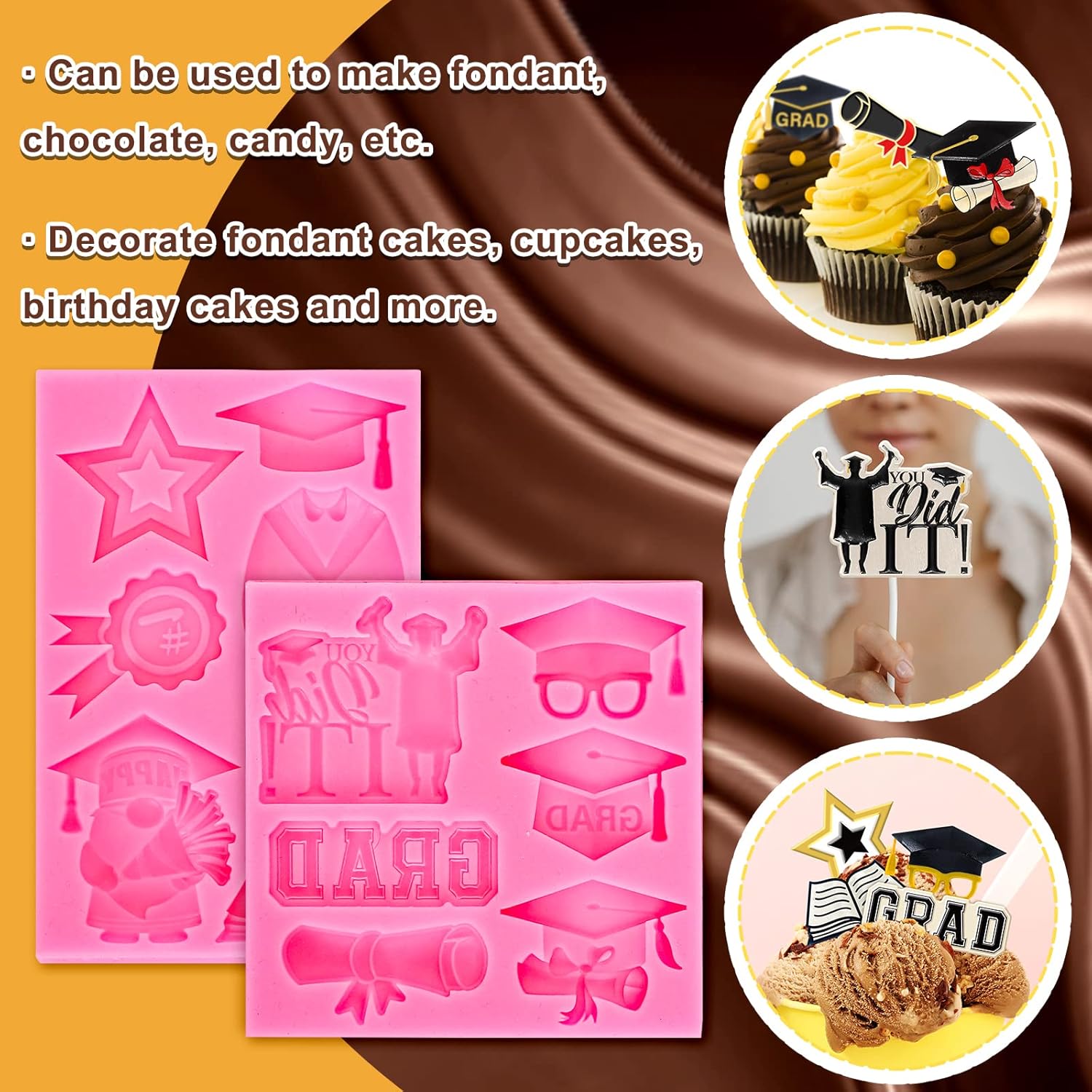Whaline 2Pcs Graduation Fondant Molds - 3D Silicone Moulds for Caps & Scrolls | Perfect for 2026 Party Baking