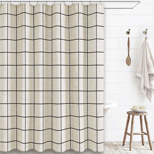 WOUVMA Farmhouse Plaid Shower Curtain Beige Linen Shower Curtains for Bathroom Natural Black Pattern 72 x 72 Inch