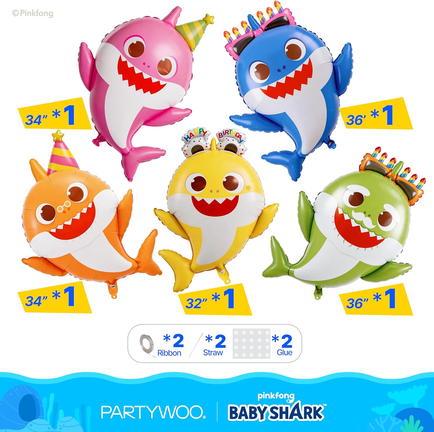 PartyWoo Baby Shark Family Foil Balloons - 5pcs Mylar Helium Birthday Decorations | 36-34-32 Inch Ocean Theme