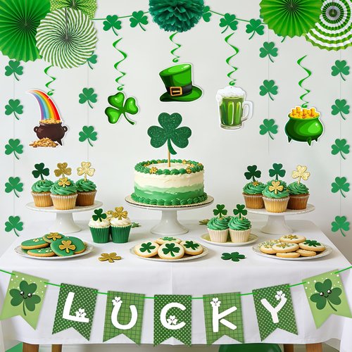 Butie 41 Pcs St Patricks Day Decorations, Pre-Assembled Shamrock Banner Garland, Hanging Swirls, Paper Fans & Pompoms for Office & Home Wall Door, Irish Party Supplies