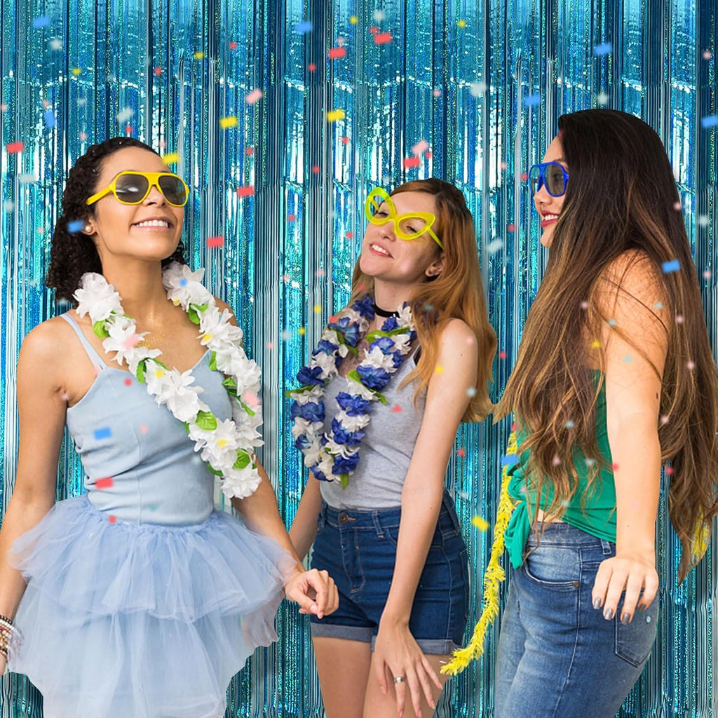 Skiennix Blue Party Backdrop Curtains - Metallic Tinsel Foil Fringe | Ocean-Themed Decor for Events