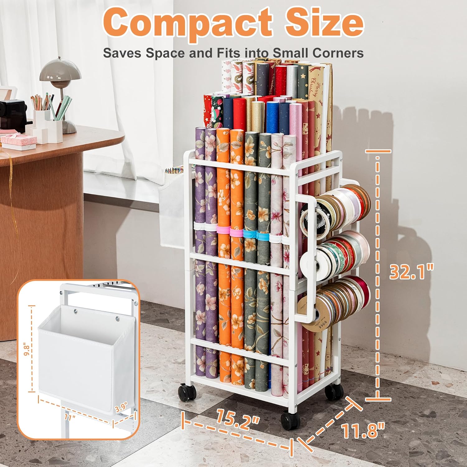 Aquzee Gift Wrapping Paper Organizer - Vertical Storage Cart with Adjustable Rod & Ribbon Holders | 12 PCS Slap Bracelets, White