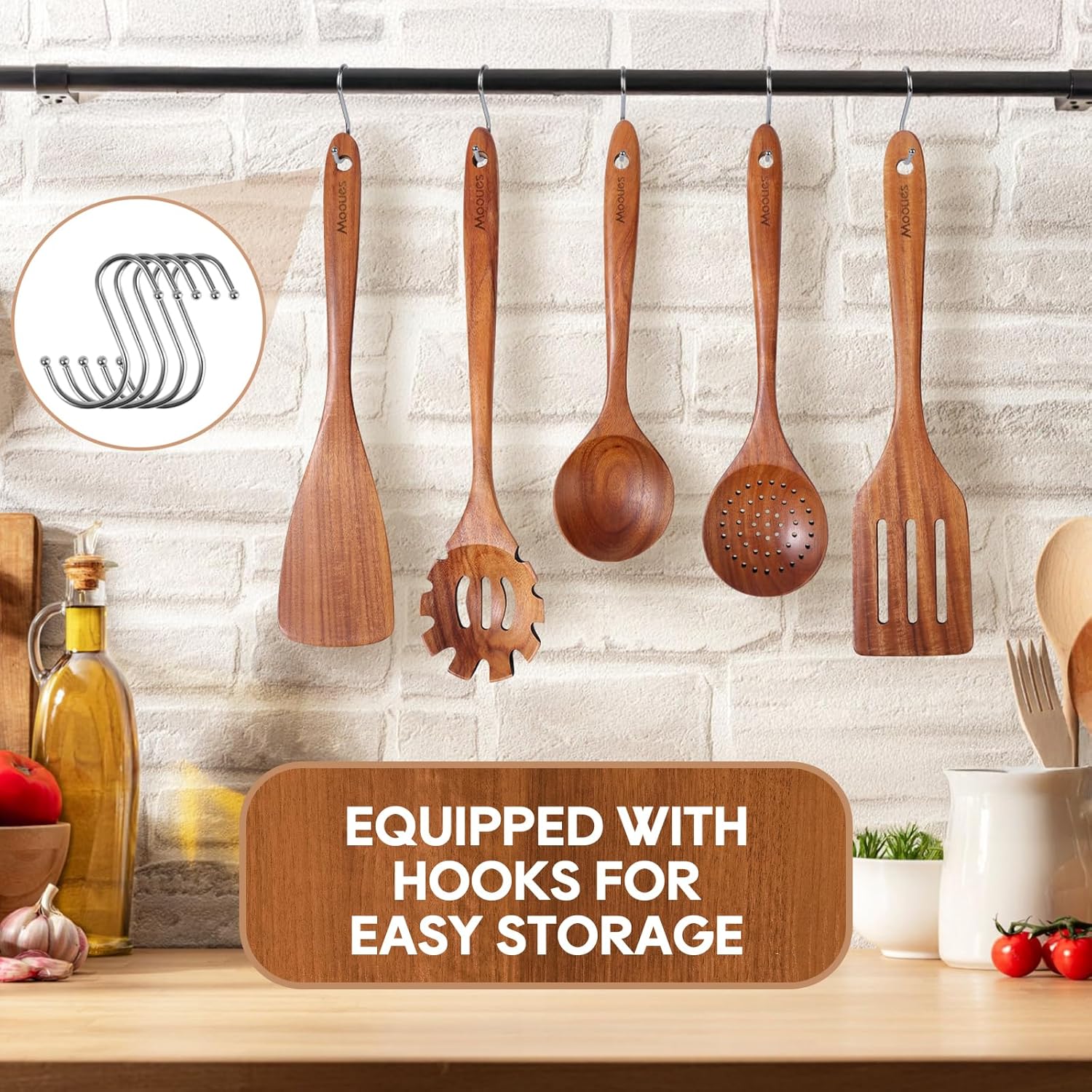 Skiennix Wooden Spoons Set - 10PCS Teak Cookware Utensils with Hooks | Smooth Finish & Heat Resistant