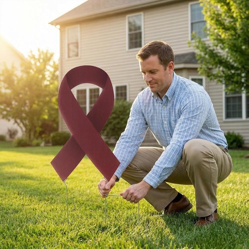 Large Ribbon Awareness Yard Sign - Waterproof Health Awareness Lawn Stake with Metal Stakes | Burgundy