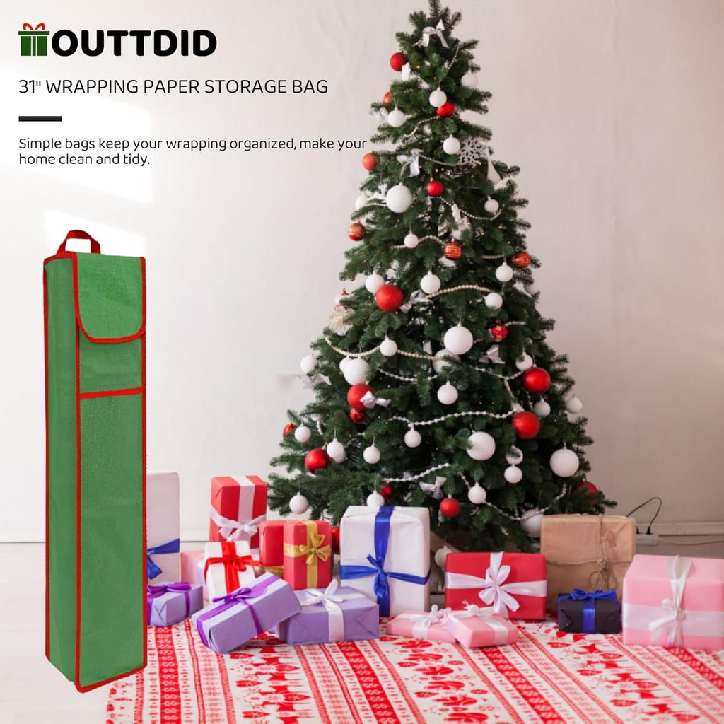 OUTTDID Wrapping Paper Storage Bag - 31" Gift Organizer with Pocket for 9 Rolls | Green