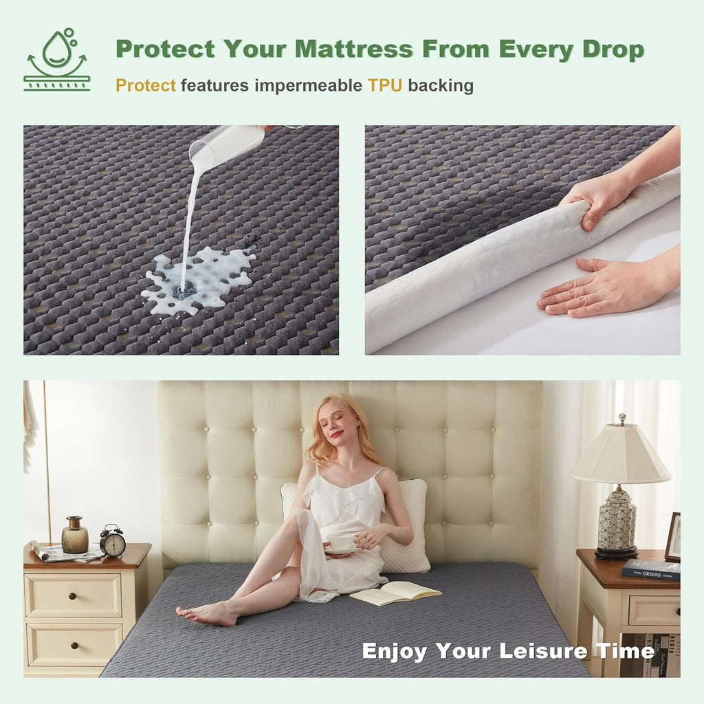 Skiennix Waterproof Mattress Protector - Breathable Queen Size Fitted Pad | Noiseless & Washable, Carbon Gray