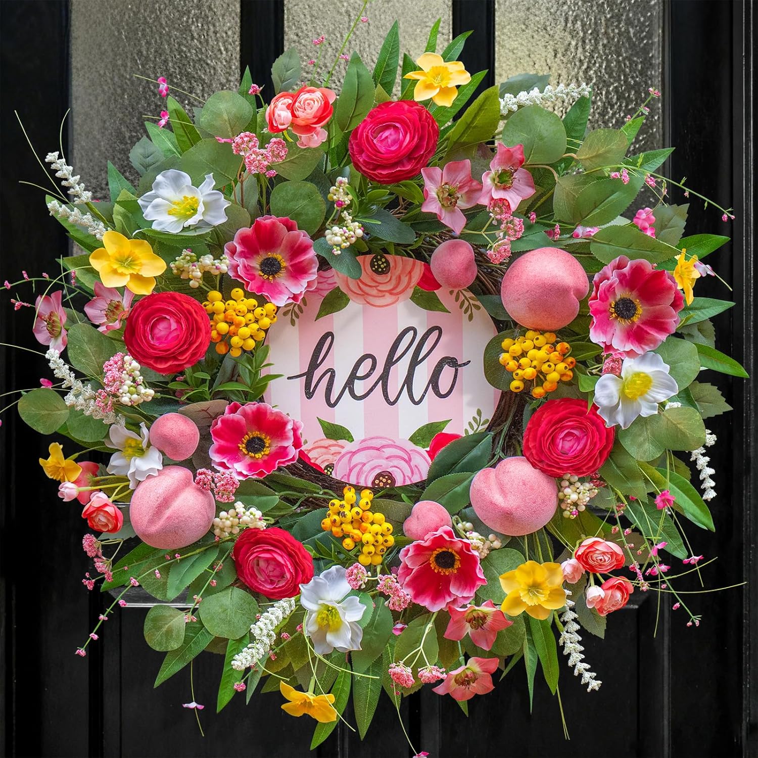 Spring Wreaths - 24 Inch Artificial Summer Wreath with Pink Roses & Hello Sign | Indoor & Outdoor Farmhouse Decor