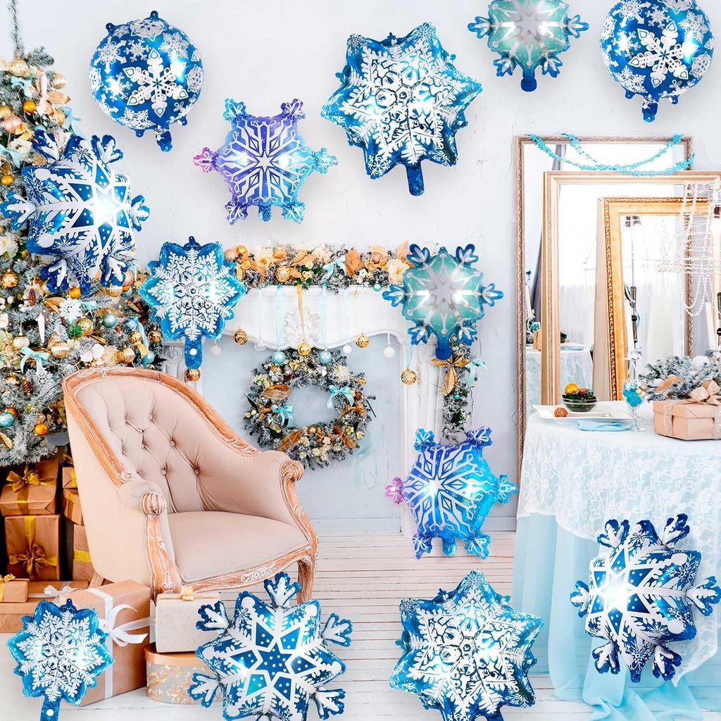 Snowflake Balloons - 24 Pcs Large Foil Balloons | Frozen Snowflake Mylar for Winter Wonderland Parties