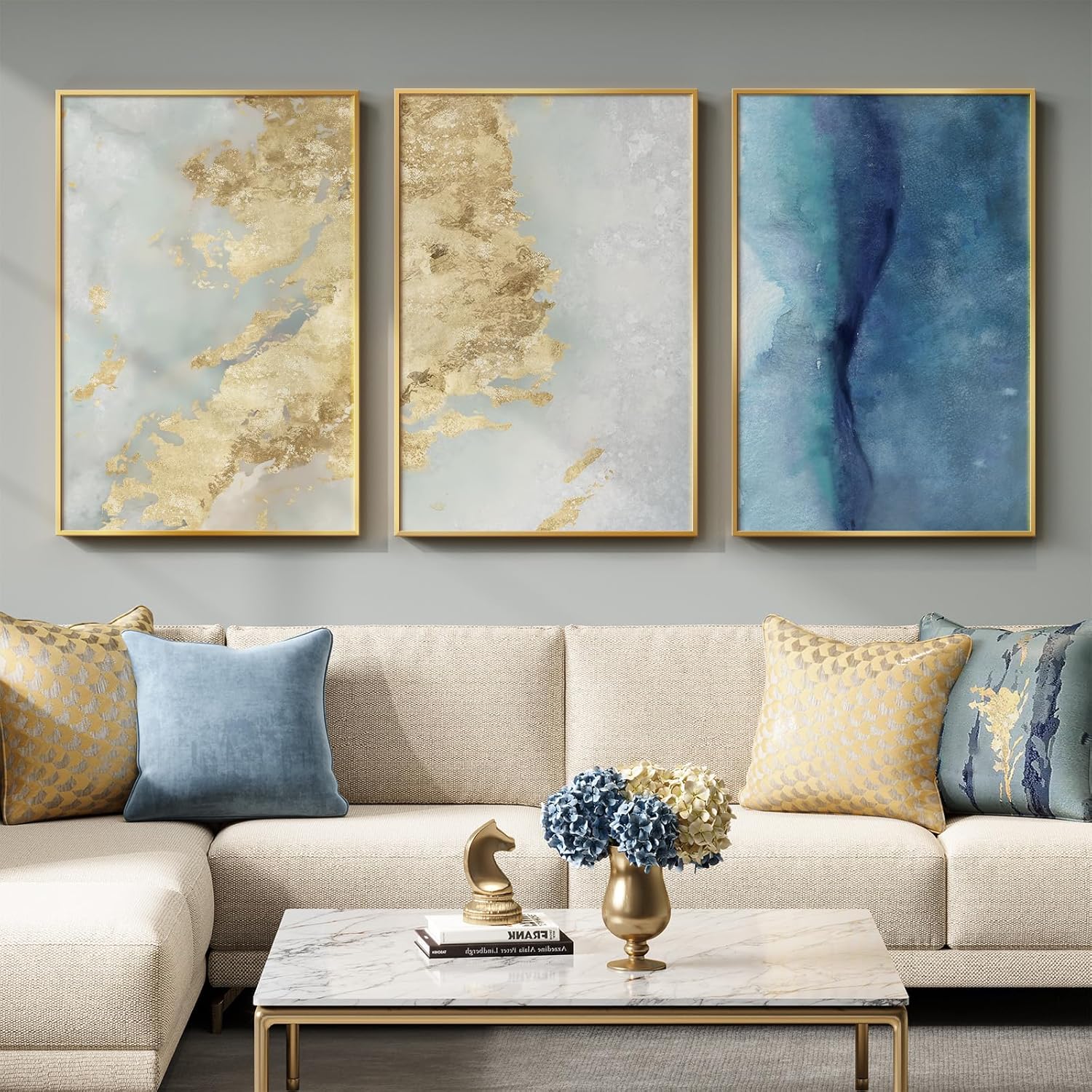 Skiennix Large Framed Abstract Wall Art - Luxury 3 Piece Canvas Set in Blue, White & Gold | Modern Home Decor 24x36 In