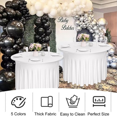 JALANCY 4 Pack 5FT Spandex Table Skirts 60 Inch Round Spandex Fitted Table Cover Washable Table Cloth for Wedding Trade Baby Shower Banquet Dining Table (White, 5FT)