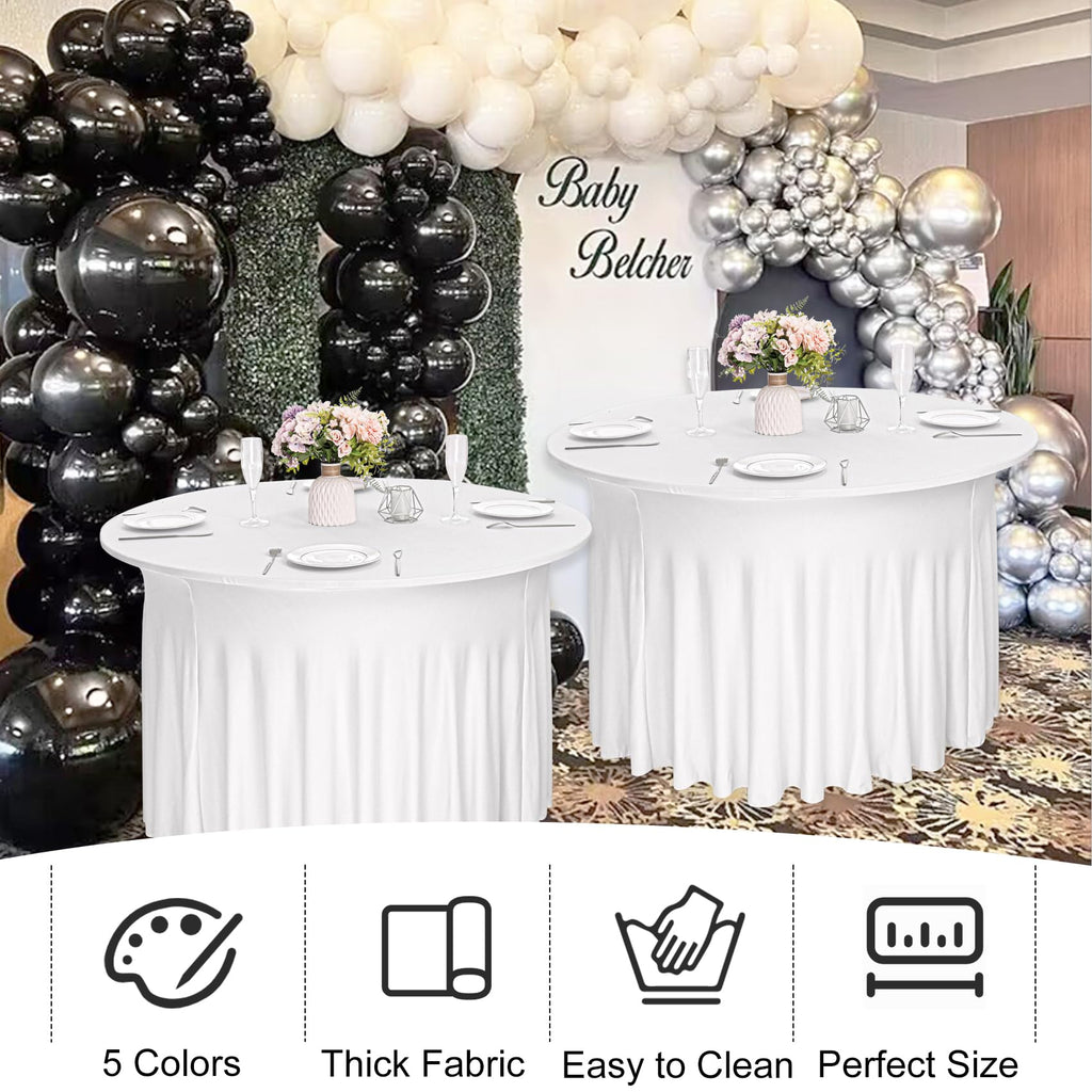 JALANCY 4 Pack 6FT Spandex Table Skirts Round Spandex Fitted Table Cover 72 Inch Washable Table Cloth for Wedding Trade Baby Shower Banquet Dining Table (White, 6FT)
