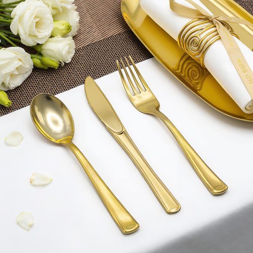 Glowserve 153 Pack Gold Plastic Silverware - Heavy Duty Gold Silverware Set - 51 Forks, 51 Knives, 51 Spoons Plastic Cutlery Disposable Utensils Set for Holiday, Party, Dinner, Wedding Gathering