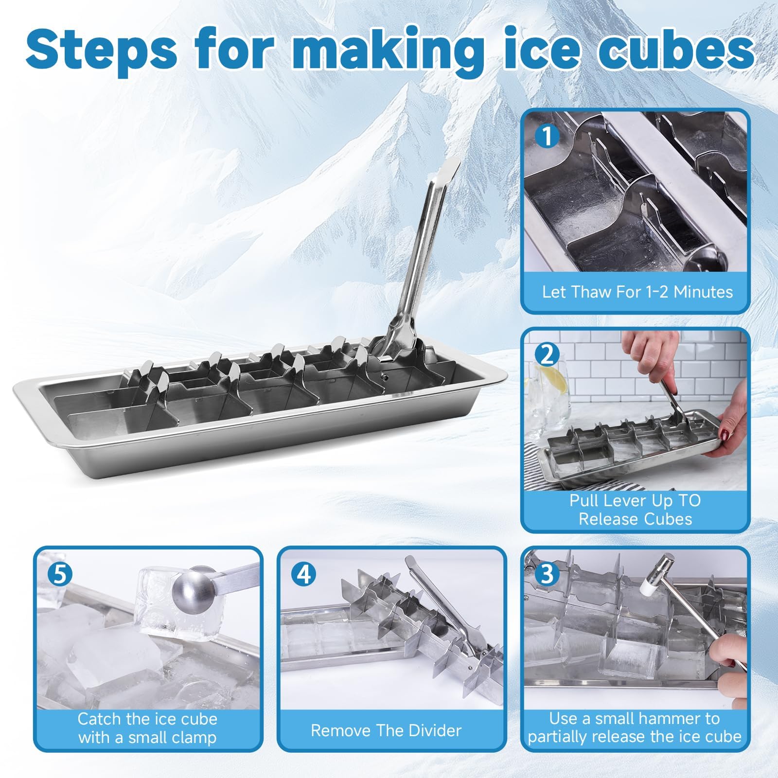 Stainless Steel Ice Cube Trays, Metal Ice Cube Trays for Freezer Vintage Inspired Design with Release Lever Remove Handle for Making Large Cubes Kitchen & Bar (1)