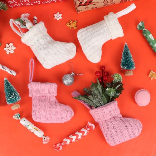 CCINEE 12Pack Mini Christmas Stockings, Pink and White Knitted Xmas Stocking Small Knit Hanging Stocking Decoration for Holiday Home Wall Fireplace Christmas Tree Decor