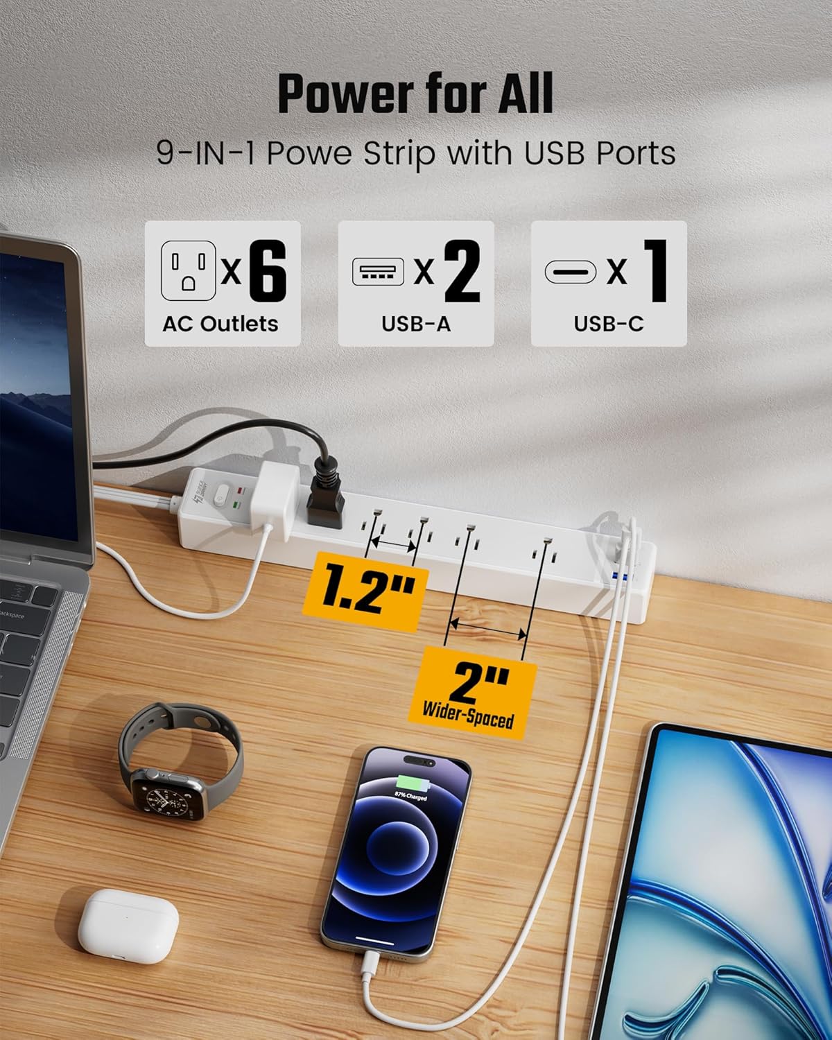 SUPERDANNY 10Ft Extension Cord - Flat Plug Surge Protector with 6 Outlets & 3 USB Ports for Home Office & Dorm Room Essentials