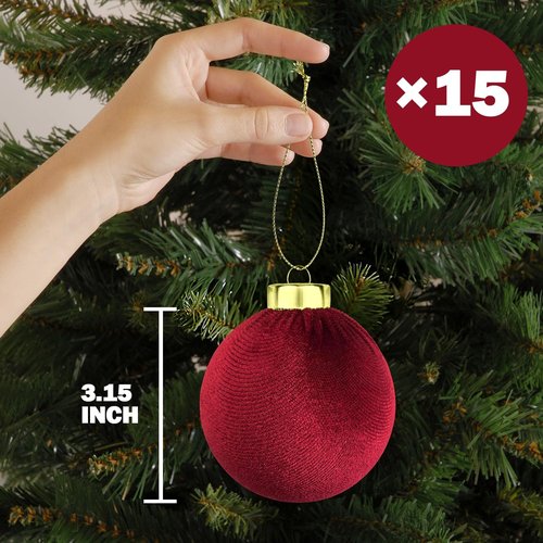 Dark Red Velvet Christmas Tree Ornaments - 15 PCS Large 3.15 Inch Shatterproof Baubles | Flocked Burgundy Decor