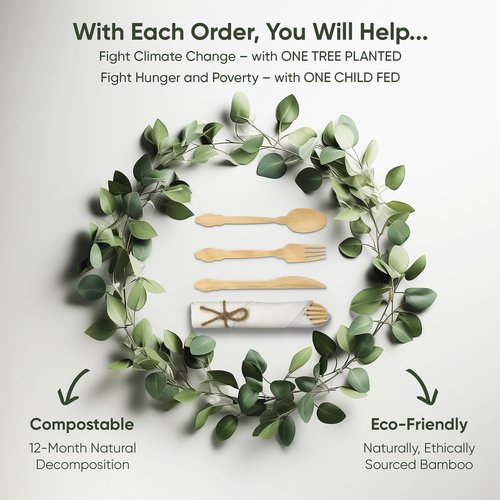 EcoPreps Luxury Pre-Rolled Napkin and Bamboo Cutlery Set (50 Pack, 200 PCS) 100% Biodegradable, Eco-Friendly, Disposable Wrapped Cutlery - Includes Pre-Wrapped Bamboo Forks, Knives, Spoons, & Napkins
