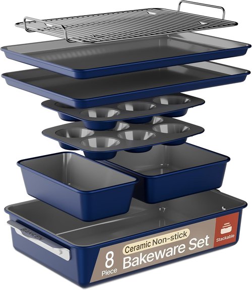 Bakken 8-Piece Bakeware Set - Nonstick Ceramic Coated Pans, Oven Safe Up to 500°F, Blue