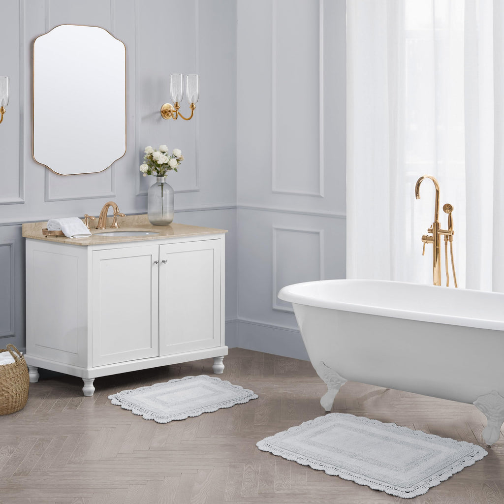 Laura Ashley Absorbent Bath Mat Reversible Crochet Soft and Plush Bathroom Mat 100% Cotton 2-Piece Bath Rug Set, Light Grey