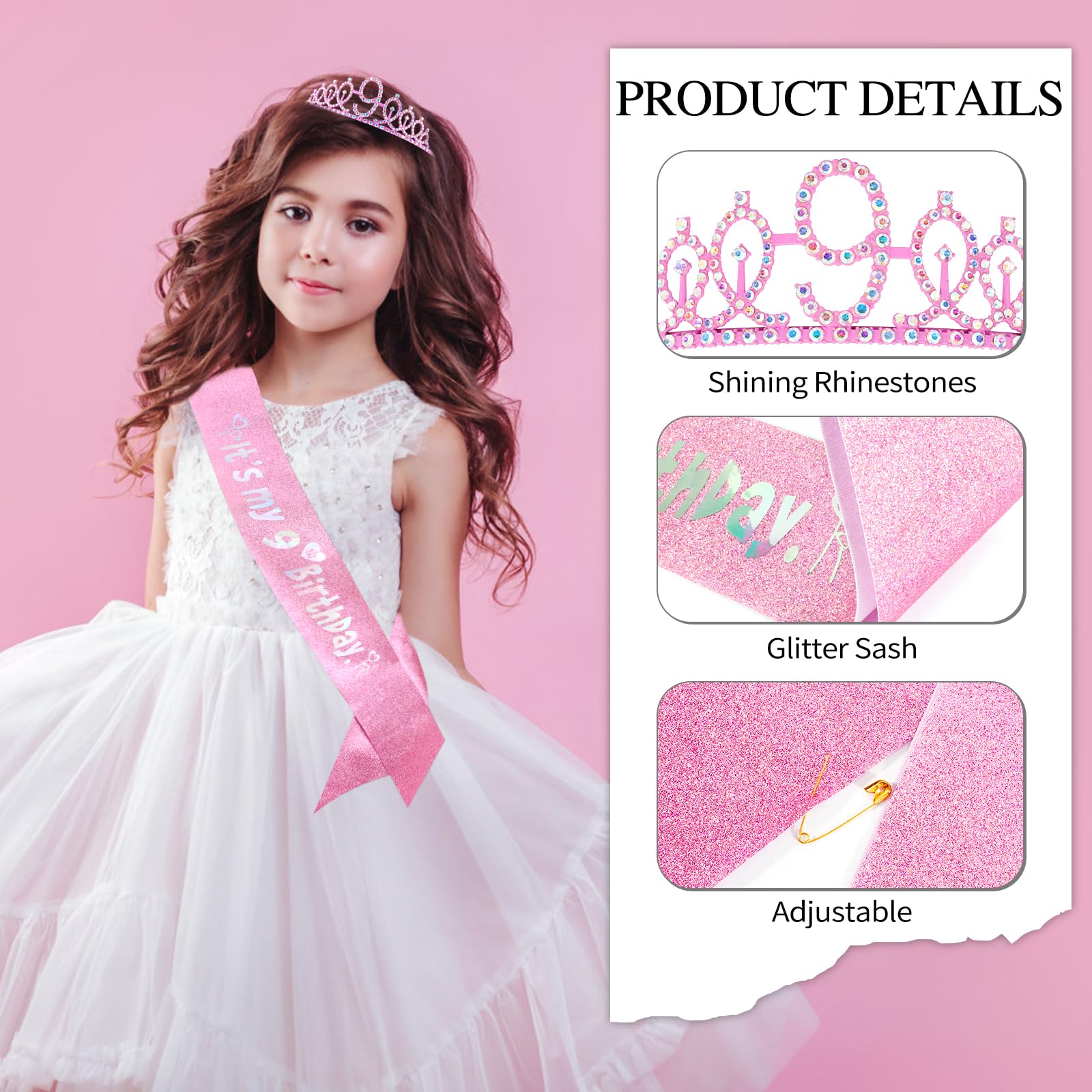 Vovii 9th Birthday Party Decorations Set for Girls- Pink Crown, Glitter Sash, Number 9 Candle & Cake Topper Kit for Birthday Celebrations Party Supplies Gift