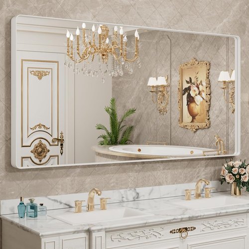 LOAAO Bathroom Mirror - 72x32 Inch White Metal Framed Large Rounded Rectangle | Anti-Rust Tempered Glass, Versatile Hanging Options