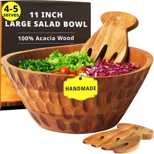 Culina Craftique Wooden Salad Bowl set - with Serving Utensils — 11" Large Acacia Wood Bowls For Food, Fruit | Mixing Pasta — Easy To Clean — For Hosting, Kitchen Decor, Gifts — With Placemat