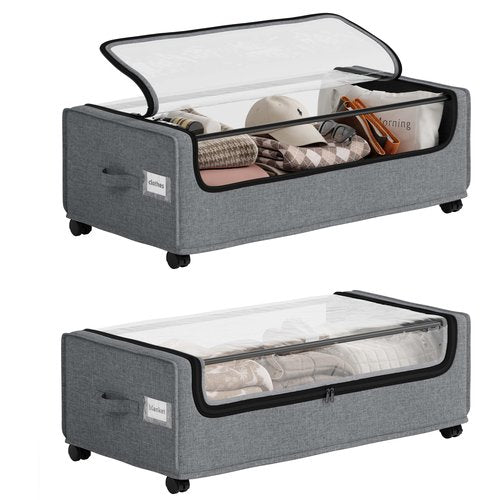 VicHomey Under Bed Storage With Wheels, Tall Under The Bed Storage, Underbed Storage Containers With Lids, Metal Frame, 90L Capacity, Large Size