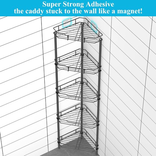 HuggieGems Corner Shower Caddy Organizer - 5 Tier Floor Standing Shelf with Hooks, Matte Black Finish