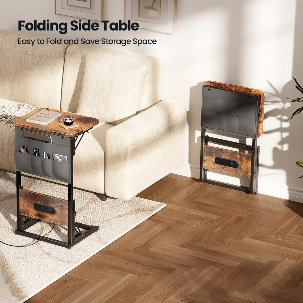 HLDIRECT C Shaped End Table with Charging Station, Couch Side Table with Storage Bag, Foldable TV Tray with 2 USB Ports and Outlets for Living Room, Bedroom, Rustic Brown