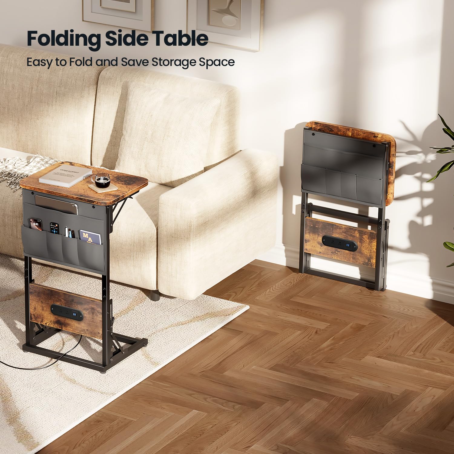 HLDIRECT C Shaped End Table with Charging Station, Couch Side Table with Storage Bag, Foldable TV Tray with 2 USB Ports and Outlets for Living Room, Bedroom, Rustic Brown