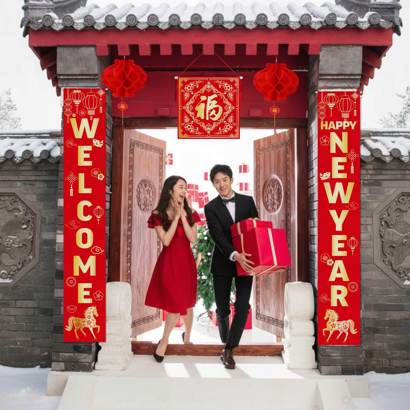 Marspark 20 Pcs Chinese New Year Decorations 2026 Set, Lunar Year Banner Decor Couplet Chunlian Fu Character Red Paper Lanterns Porch Sign Window Decor Envelope for Spring Home Office Festival Party