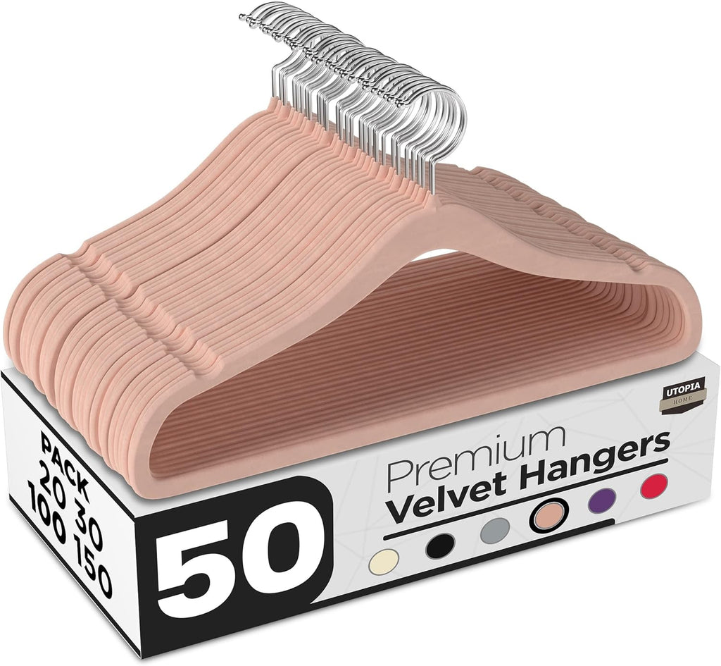 Utopia Home Velvet Hangers - Luxury Non-Slip Slim Coat & Pant Hangers, Space-Saving Design, 50 Pack - Pink