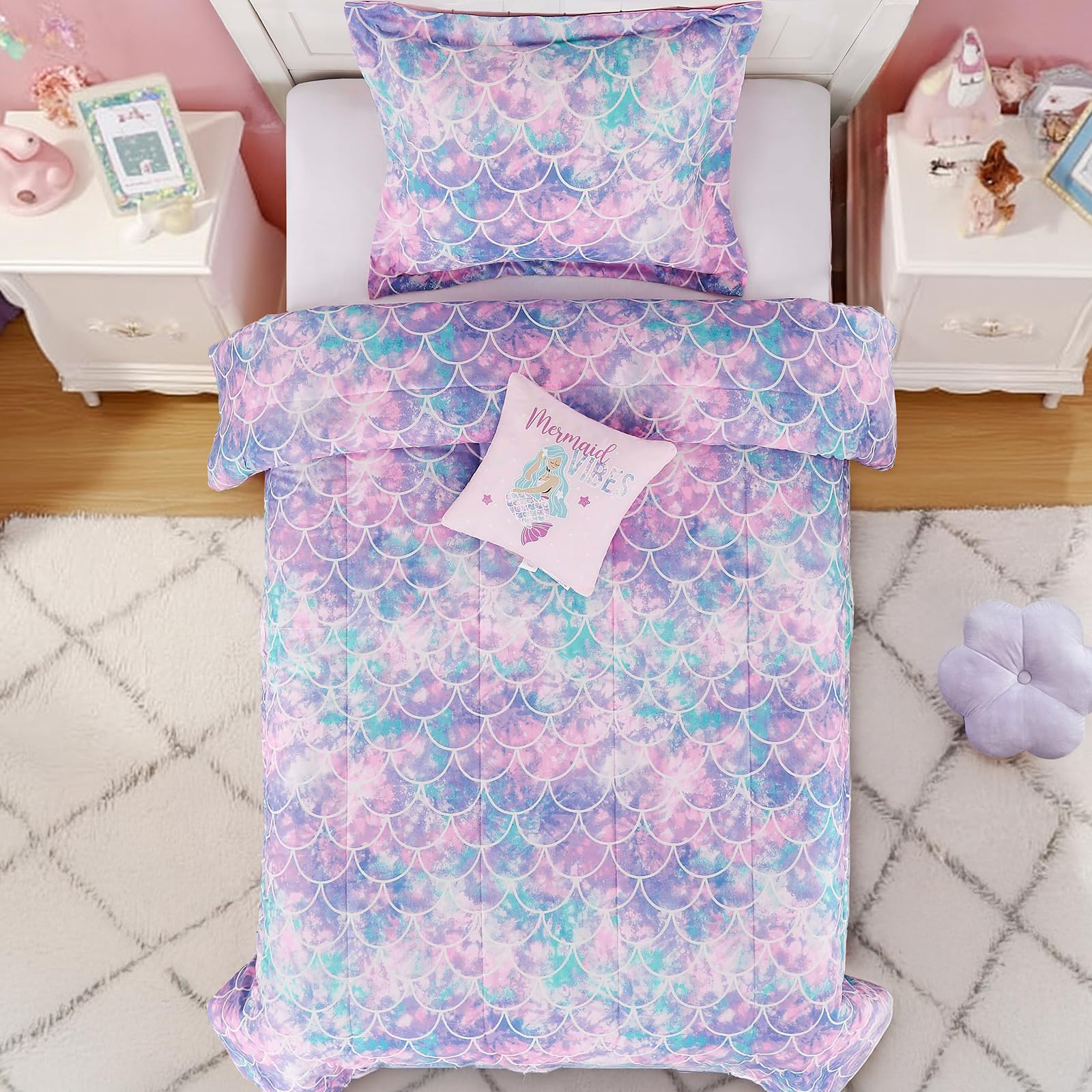 Wink Deer Twin Comforter Set for Girls-3 Pieces Mermaid Glow in the Dark Twin Bedding Sets for Kids,1 Comforter,1 Sham and 1 Decor Pillow