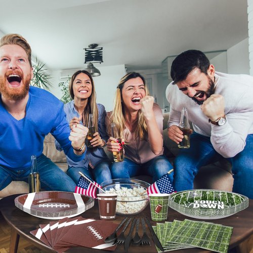 Kochorie 350 Pieces Football Party Decorations Tableware Set Football Disposable 11.8 x 7.8 Inch Paper Plate Cup Napkin Spoons Forks Knives for Sport Football Game Day Party Supplies Serve 50 Guests