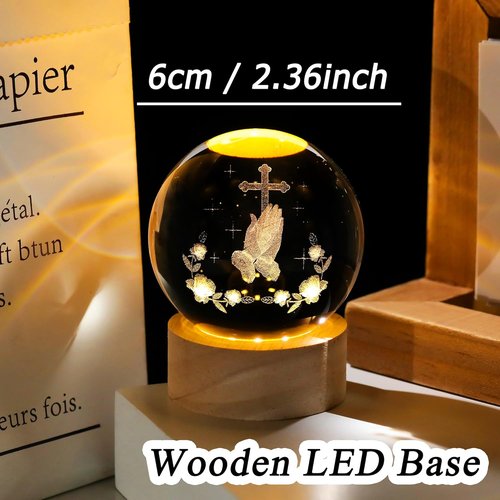 3D Crystal Crossing Hands Prayer Ball - LED Base Christian Night Light | 2.36-Inch Glass Cross Decor