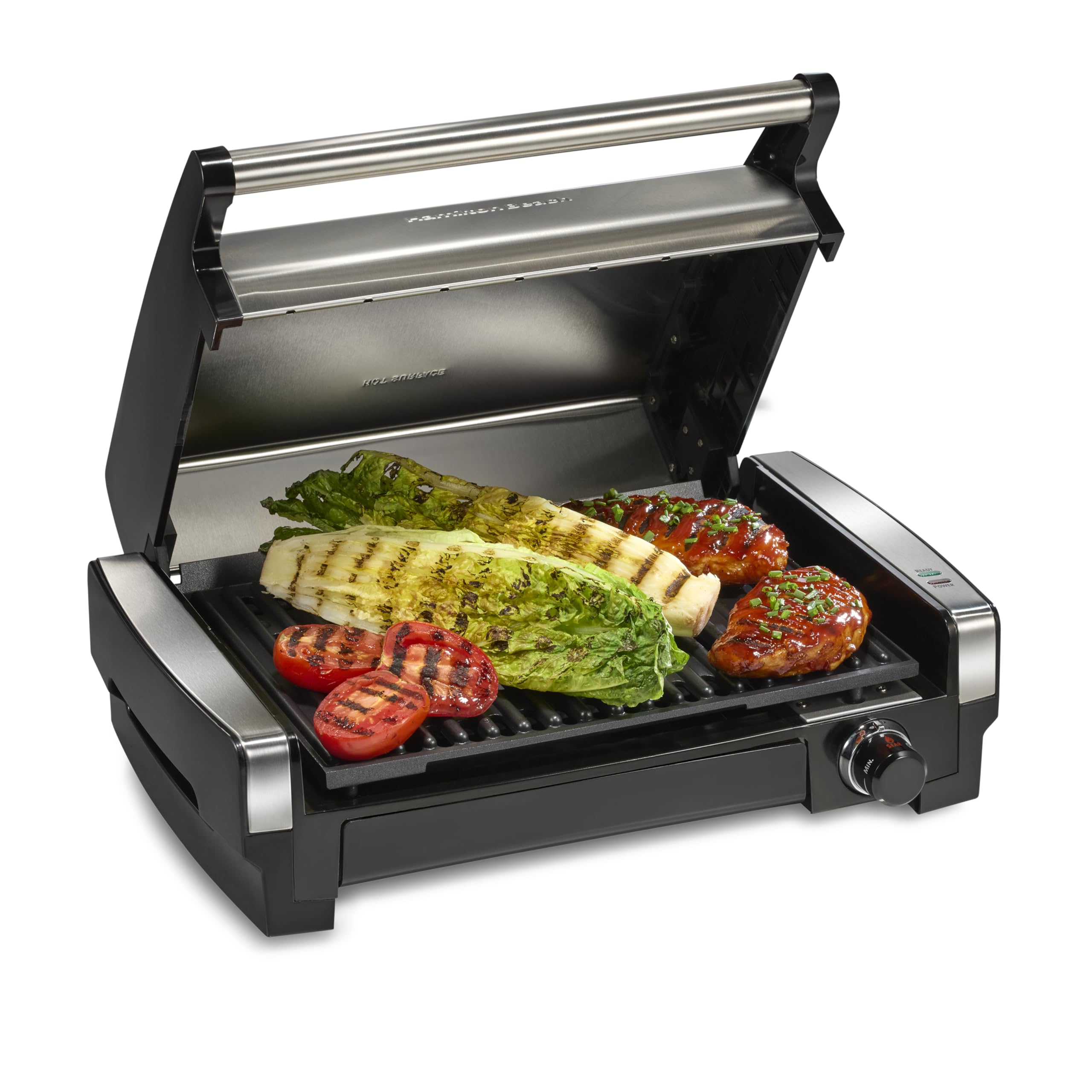 Hamilton Beach Electric Indoor Searing Grill with Adjustable Temperature Control to 450F, 118 sq. in. Surface Serves 6, PFAS-Free Removable Nonstick Grate, Stainless Steel (25360)